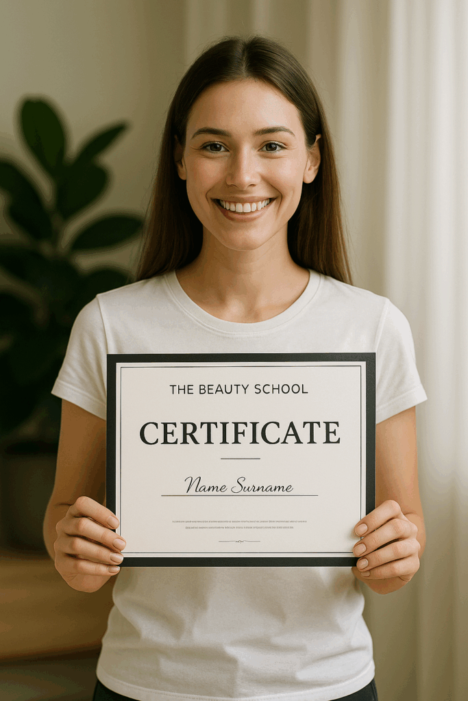 Frau hält Zertifikat in der Hand Startseite