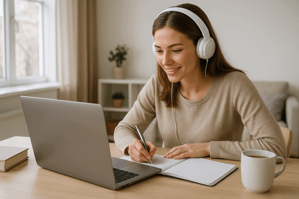 Heimstudium Frau mit Headset vor Laptop