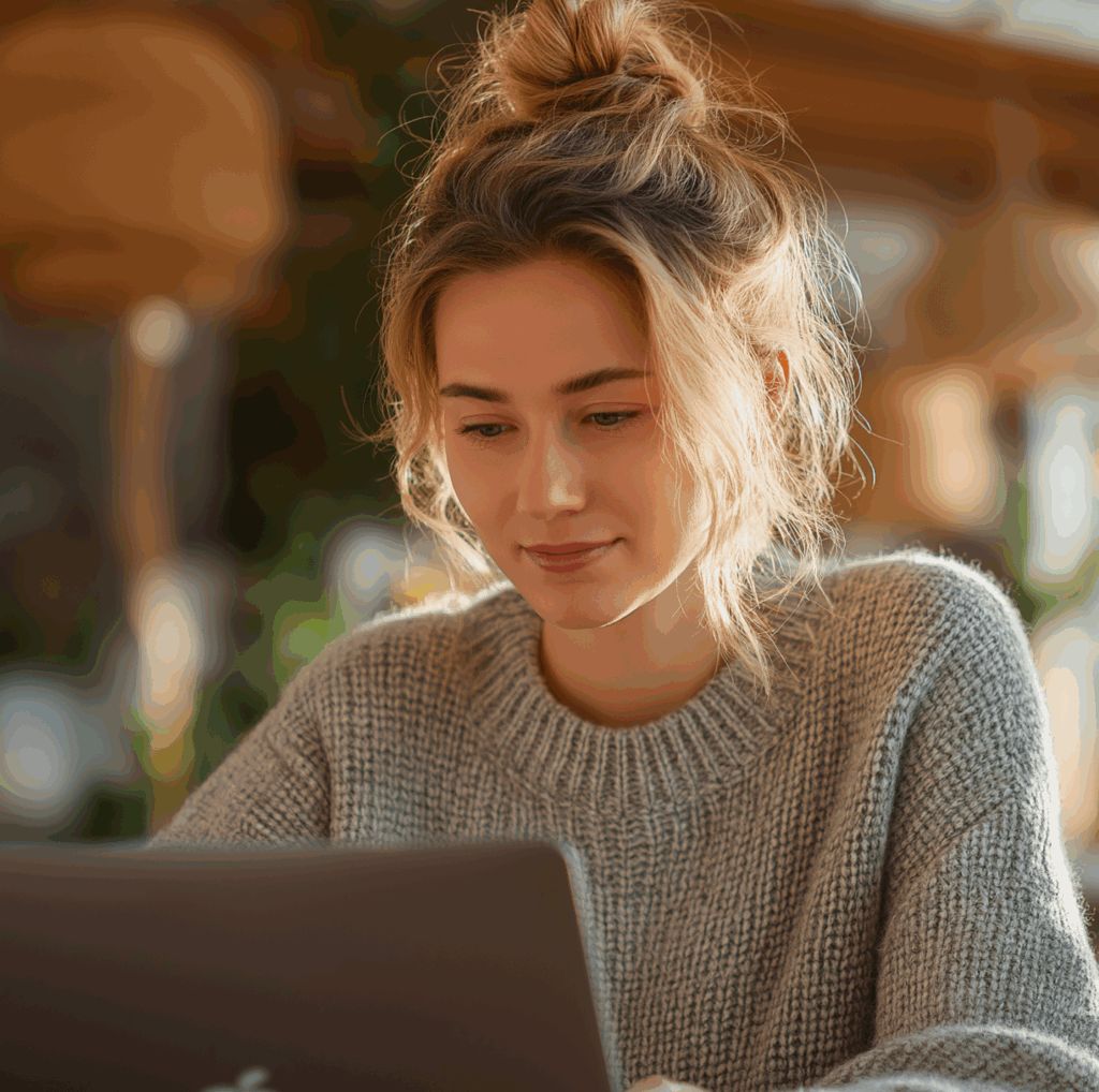 Frau sitzt vor Laptop Startseite